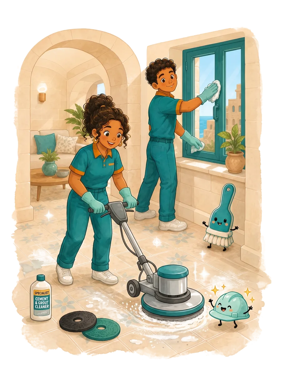 Professional single-disc rotary floor buffer machine with 3M stripping discs and specialist cement and grout cleaner in a Maltese home