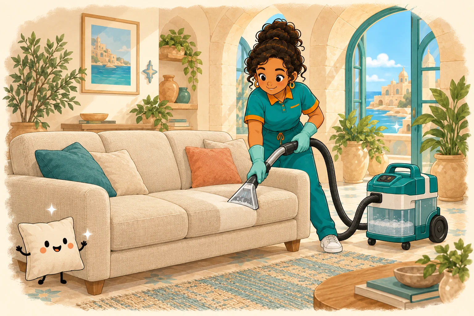 Illustration of a professional cleaner cleaning a fabric sofa with an upholstery extractor in a Maltese home