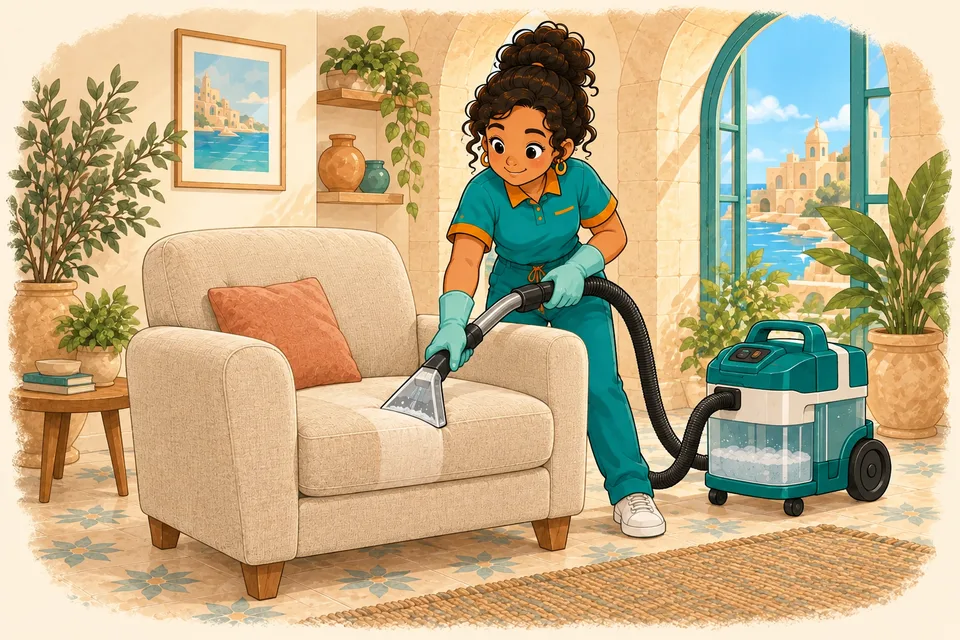 Illustration of a professional cleaner cleaning a fabric armchair with an upholstery extractor in a Maltese home