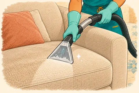 Close-up illustration of a professional using an upholstery extractor to clean a fabric sofa